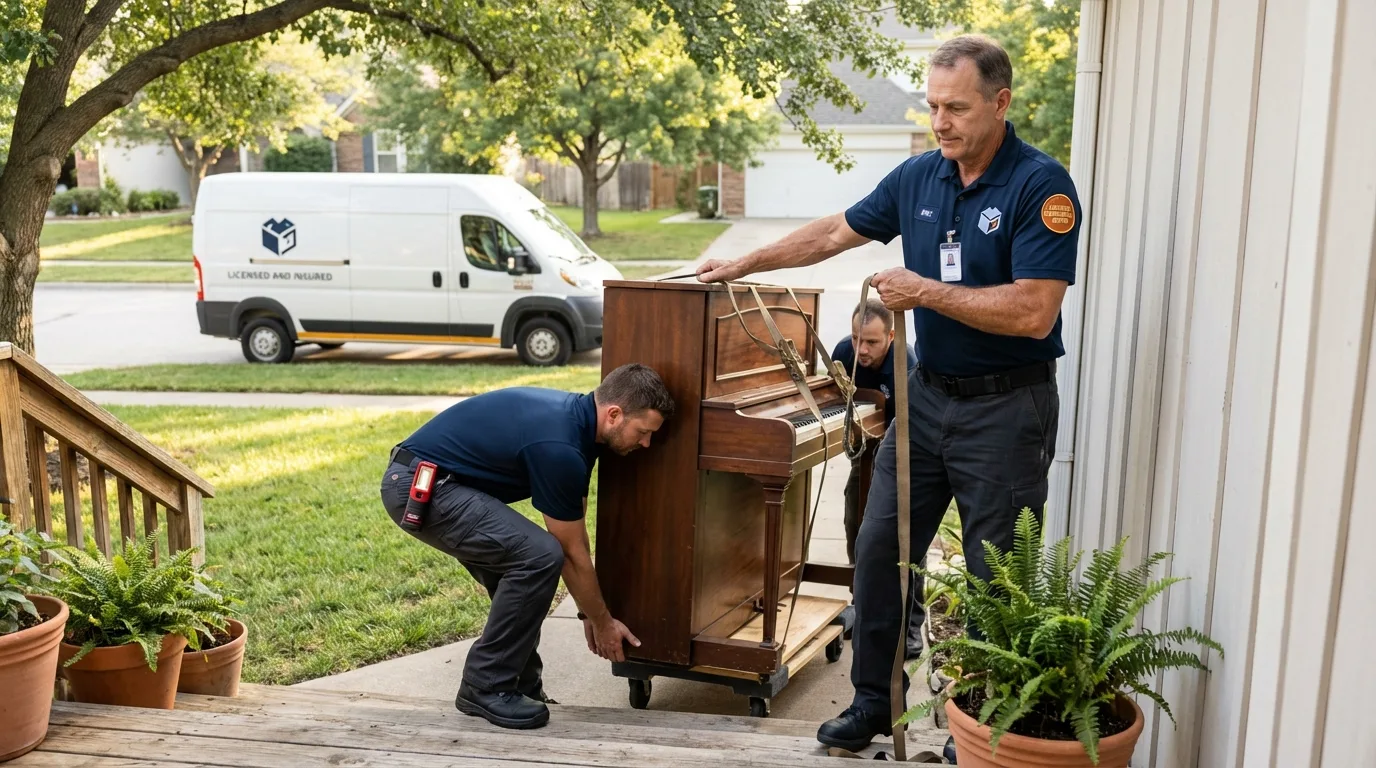 Licensed piano movers securing grand piano in Edmonton, KY